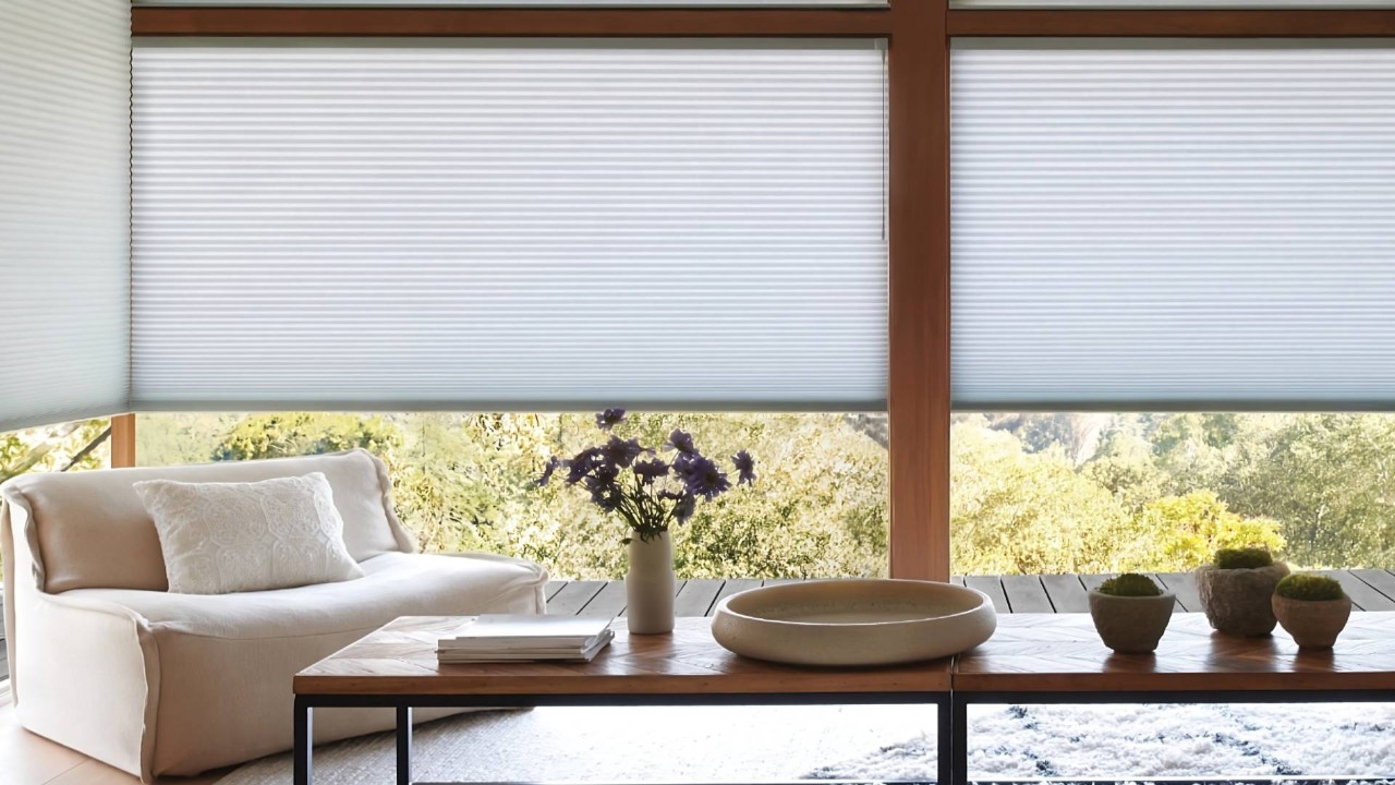 Hunter Douglas Duette® Cellular Shades on windows in a cozy, modern living room at Advantage Blinds near Dallas, TX